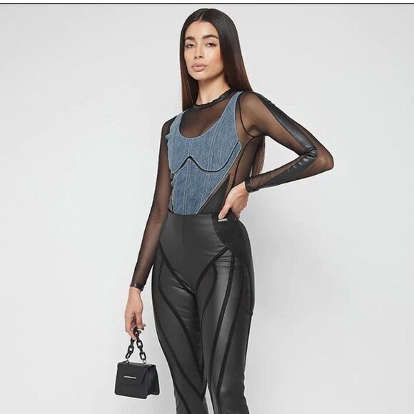 MANIÉRE DE VOIR DENIM CORSET MESH BODYSUIT - Picture 6 of 13